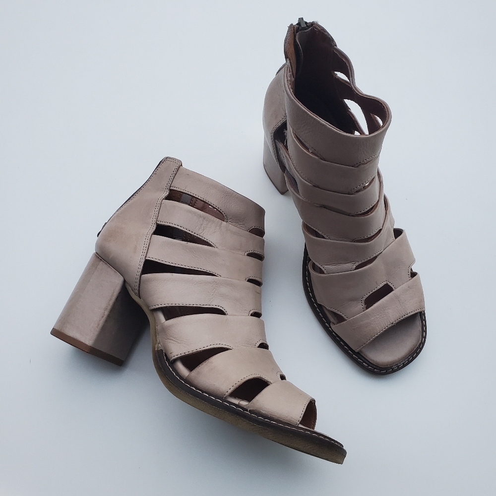 Mjus Heels 37 Block Chunky Heel Strappy Peep Toe Boots Tan Leather Sandal Italy